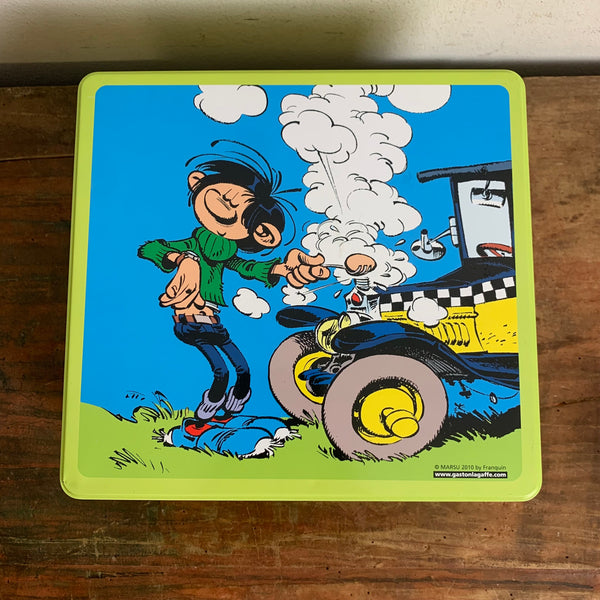 Vintage Blechdose Spirou Gaston Lagaffe mit Fiat 509