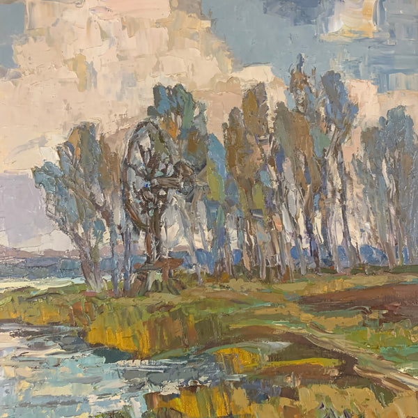 Ölgemälde Flusslandschaft mit Boot von Klaus Heckert