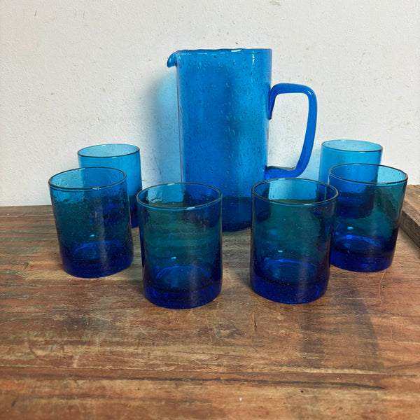 Vintage blauer Bubble Saft Krug 6 Gläser