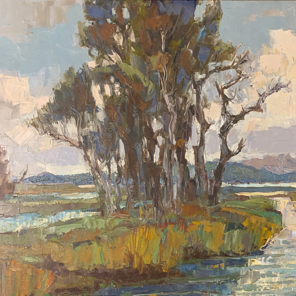 Ölgemälde Flusslandschaft mit Boot von Klaus Heckert