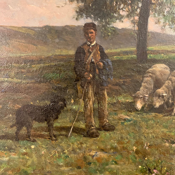 Ölgemälde Schafweide und Hirte in weiter Wiesenlandschaft von Felix Brissot de Warwille