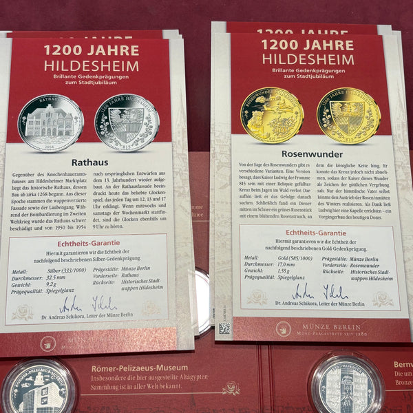Münzen Silber Gedenkprägungen 1200 Jahre Hildesheim und Goldprägung