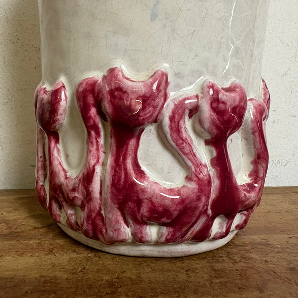 Vintage Mid Century Studio Keramik Vase mit Katzen Relief
