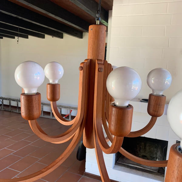 Vintage Teakholz Kronleuchter zehnarmig im dänischen Design von Domus Leuchten