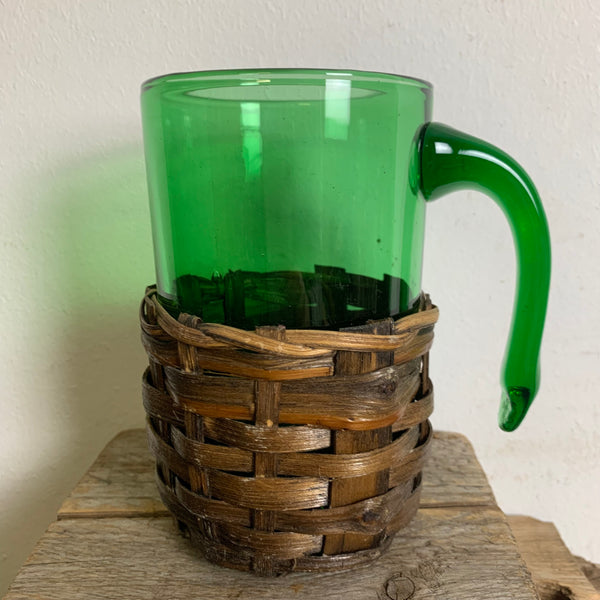 6 Vintage Gläser aus grünem Glas mit Korbgeflecht Vetro Verde di Empoli