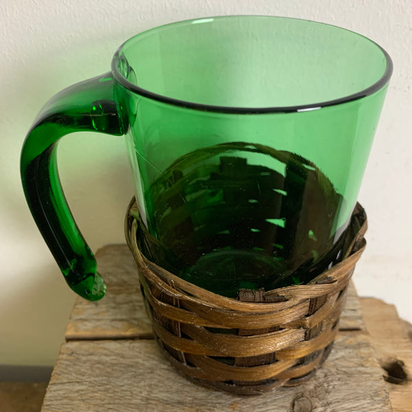 6 Vintage Gläser aus grünem Glas mit Korbgeflecht Vetro Verde di Empoli