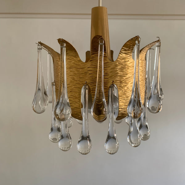 Vintage Kronleuchter Teardrop Crystals von Ernst Palme für Palwa vergoldet Metall und Murano Glas