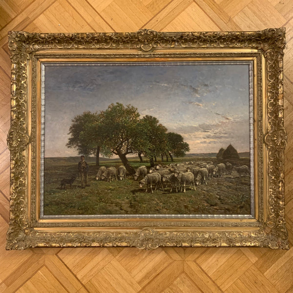 Ölgemälde Schafweide und Hirte in weiter Wiesenlandschaft von Felix Brissot de Warwille