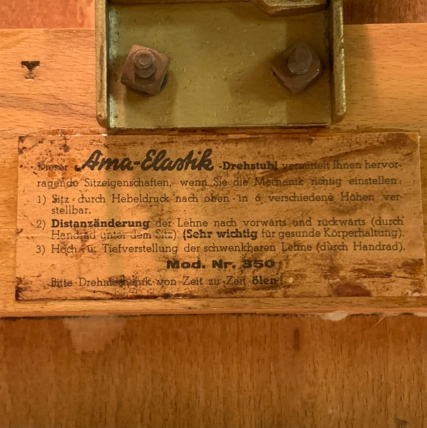 Alter Drehstuhl Werkstattstuhl von Ama Elastik Nr. 350