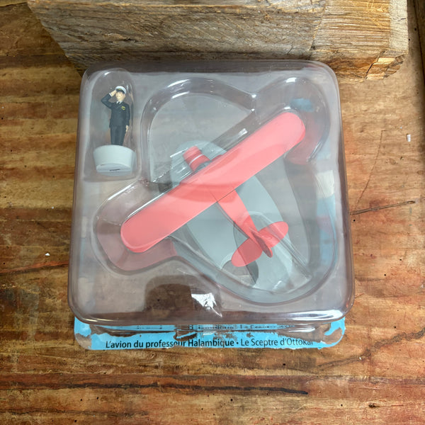 Modell Figur und Buch Tim und Struppi Das rote Doppeldecker Flugzeug von Professor Halambic mit Pilot aus König Ottokars Zepter