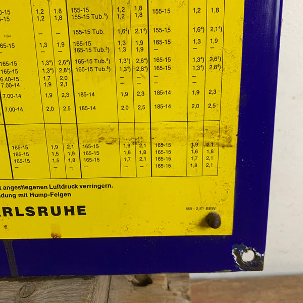 Emaille Schild Michelin Reifendruck Tabelle PKW