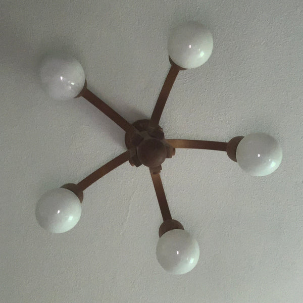 Vintage Teakholz Kronleuchter fünfarmig im dänischen Design von Domus Leuchten