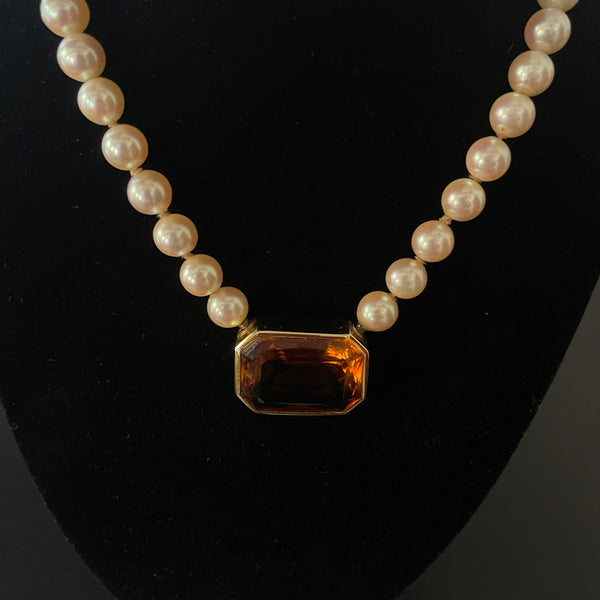 Perlencollier mit großen Citrin in 750er Gold