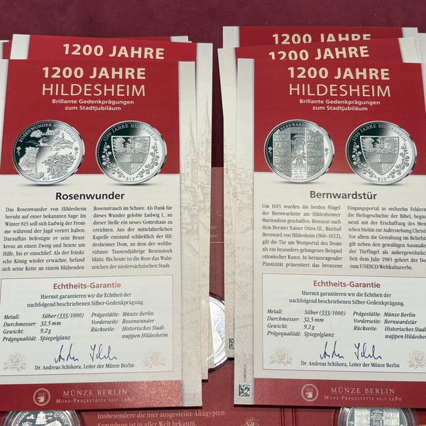 Münzen Silber Gedenkprägungen 1200 Jahre Hildesheim und Goldprägung