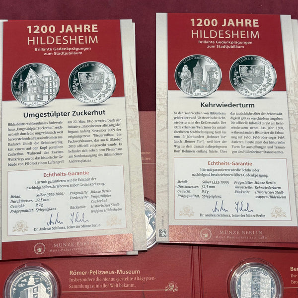 Münzen Silber Gedenkprägungen 1200 Jahre Hildesheim und Goldprägung