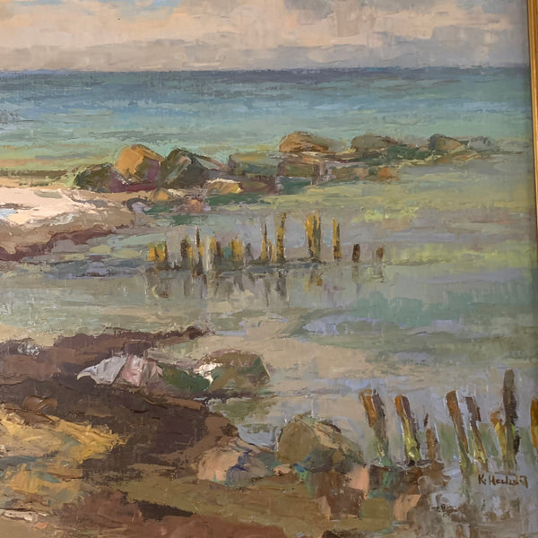 Ölgemälde Strand mit Buhnen von Klaus Heckert