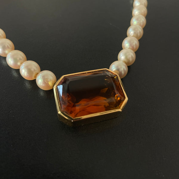 Perlencollier mit großen Citrin in 750er Gold