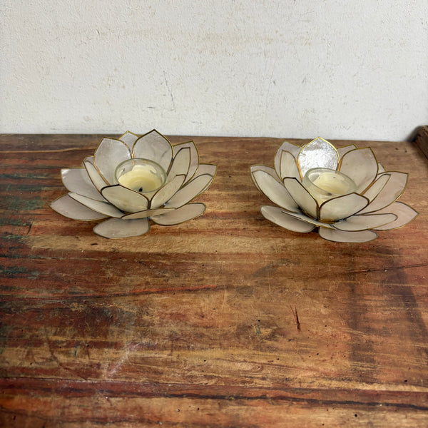 2 Vintage Teelichthalter Lotusblume Capiz Muscheln