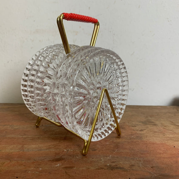 Mid Century Glas Untersetzer aus Bleikristall  im Drahtgestell