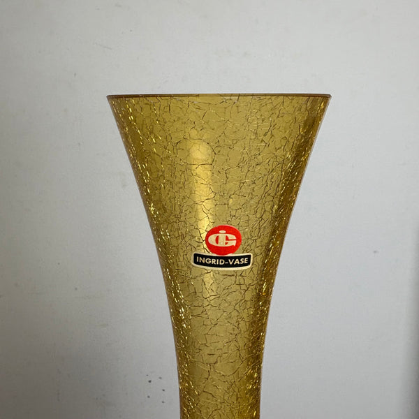 Vintage bernsteinfarbende Craquele Glas Vase von Ingrid Glas