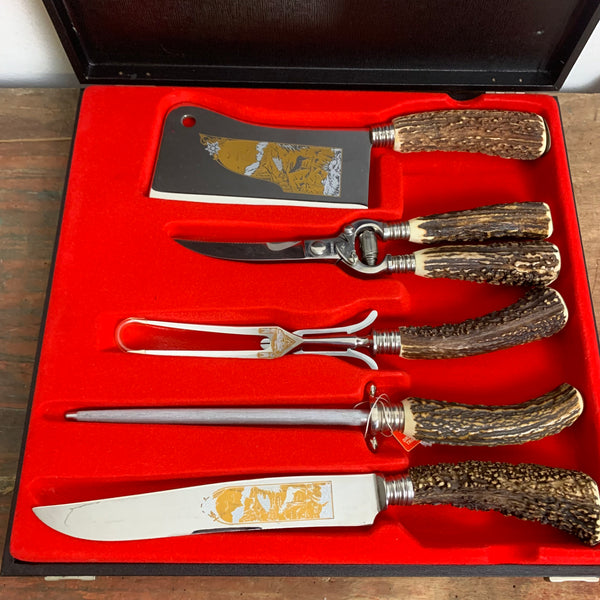 Vintage Jagd Tranchierbesteck mit Hirschhorn Griff von Dreizack
