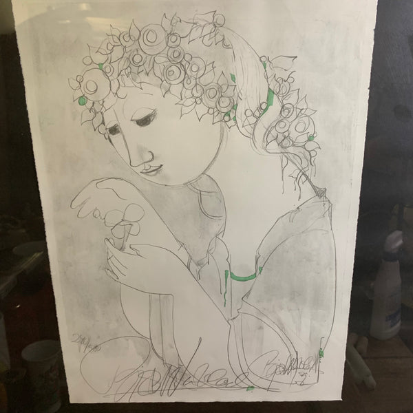 Vintage limitierter Kunstdruck Dame mit Kleeblatt von Björn Wiinblad