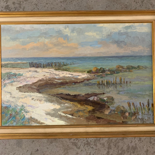 Ölgemälde Strand mit Buhnen von Klaus Heckert
