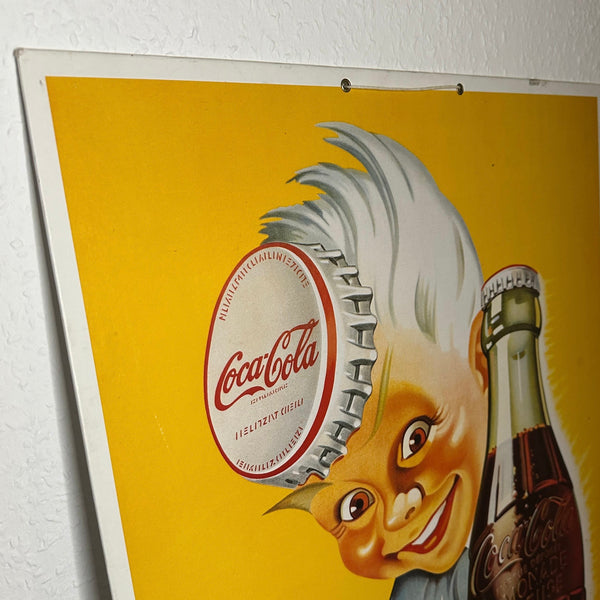 Vintage sehr seltenes Werbeschild Coca-Cola Sprite Boy mit Kronkorken