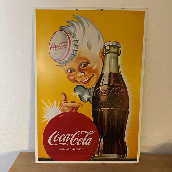 Vintage sehr seltenes Werbeschild Coca-Cola Sprite Boy mit Kronkorken