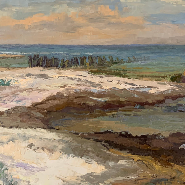 Ölgemälde Strand mit Buhnen von Klaus Heckert