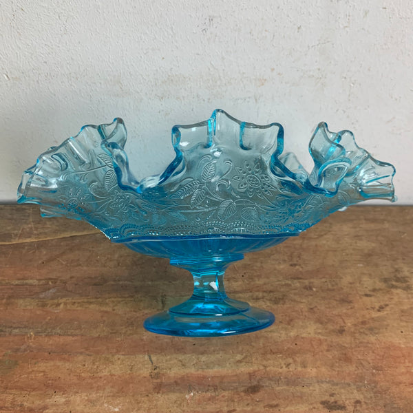 Art Deco Rüschenschale aus blauem Pressglas