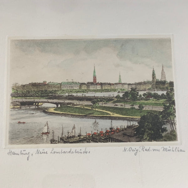 Radierung Hamburg Lombardsbrücke von Mühlhan