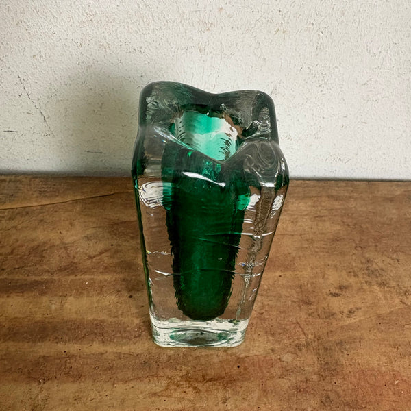 Vintage Blockglas Kristall Glas  Vase grün