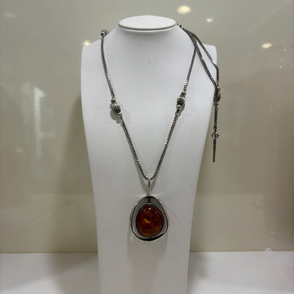 Art Deco lange Silber Kette mit Bernstein Anhänger