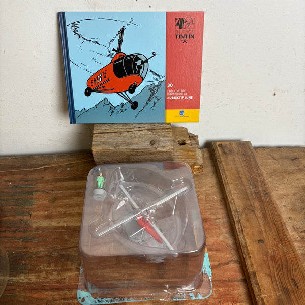 Modell Figur und Buch Tim und Struppi Der roten Zweirotor-Hubschrauber Hiller UH-4 Commuter mit Professor Wolff aus Ziel Mond