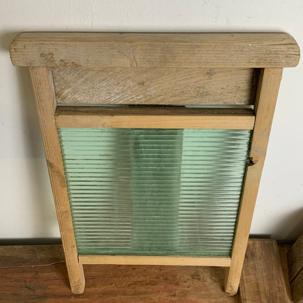 Antikes Waschbrett aus Glas und Holz