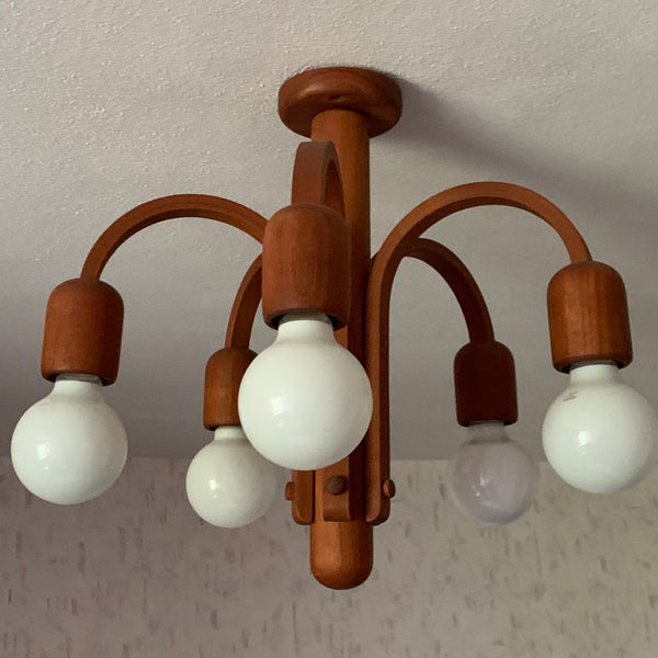 Vintage Teakholz Kronleuchter fünfarmig im dänischen Design von Domus Leuchten