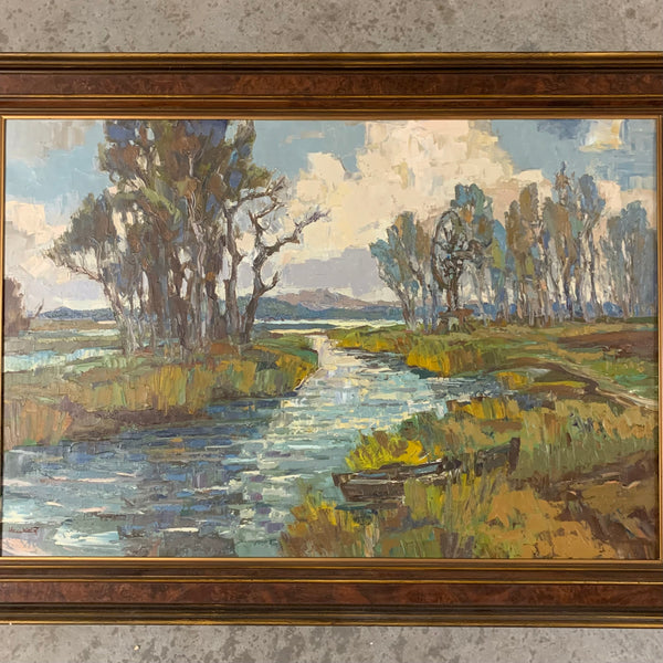 Ölgemälde Flusslandschaft mit Boot von Klaus Heckert