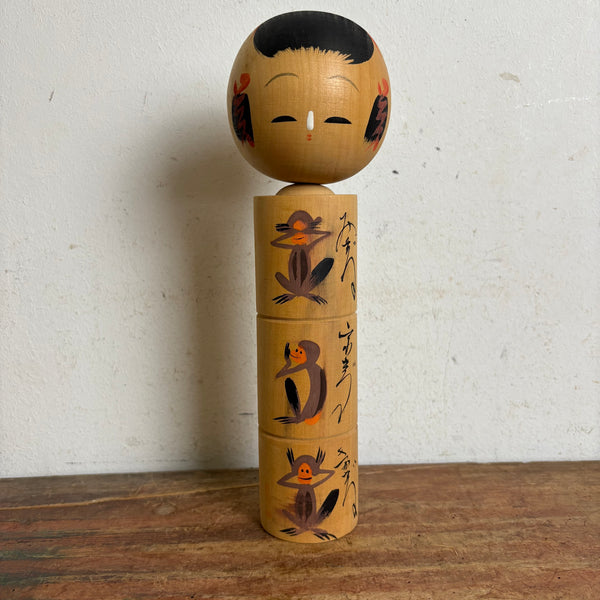Vintage japanische Naruo Kokeshi Holzpuppe drei weise Affen