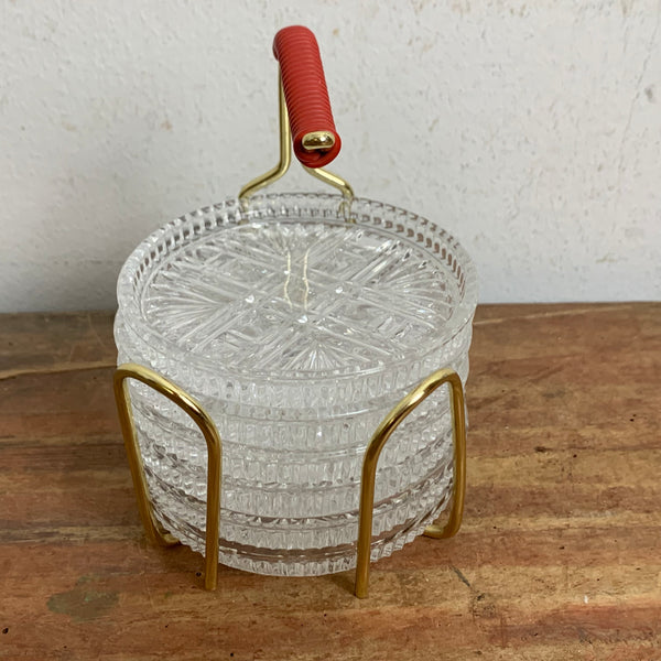 Mid Century Glas Untersetzer aus Bleikristall  im Drahtgestell