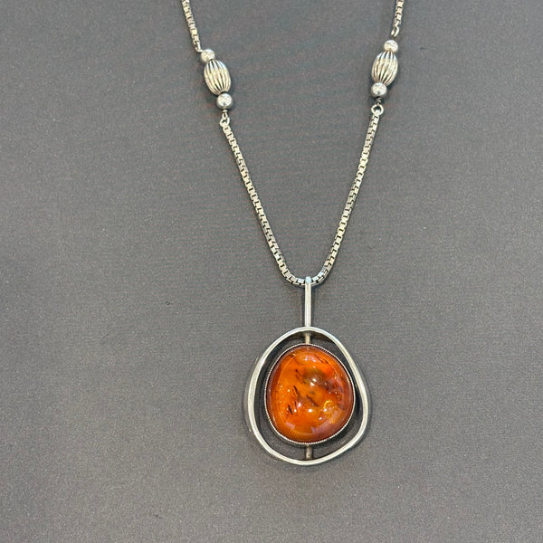 Art Deco lange Silber Kette mit Bernstein Anhänger