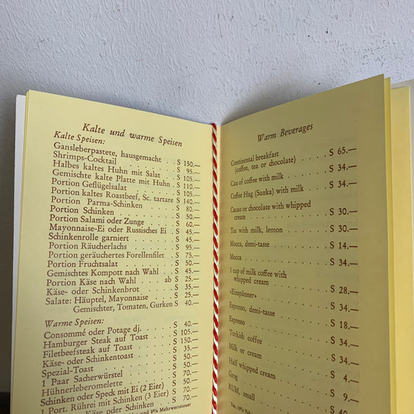 Vintage Speisenkarte vom Hotel Sacha Wien