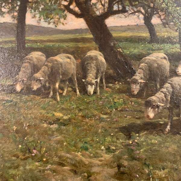 Ölgemälde Schafweide und Hirte in weiter Wiesenlandschaft von Felix Brissot de Warwille