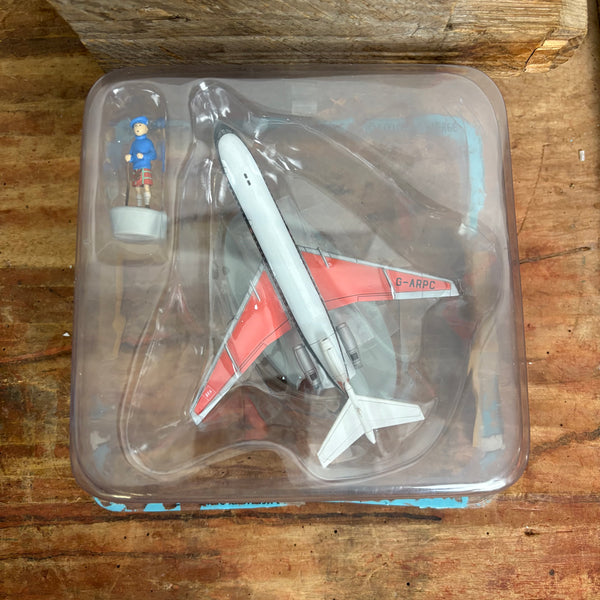 Modell Figur und Buch Tim und Struppi Hawker Siddeley von British European Airways mit Tim aus Die Schwarze Insel