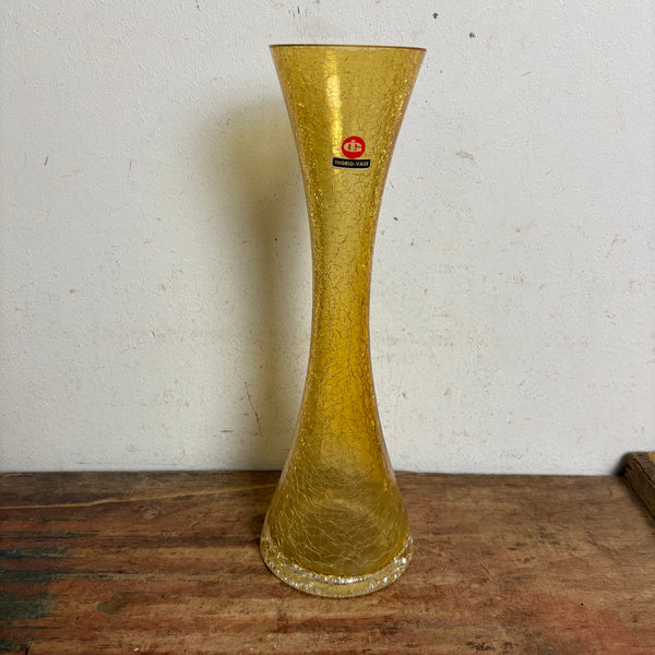 Vintage bernsteinfarbende Craquele Glas Vase von Ingrid Glas