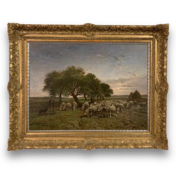 Ölgemälde Schafweide und Hirte in weiter Wiesenlandschaft von Felix Brissot de Warwille