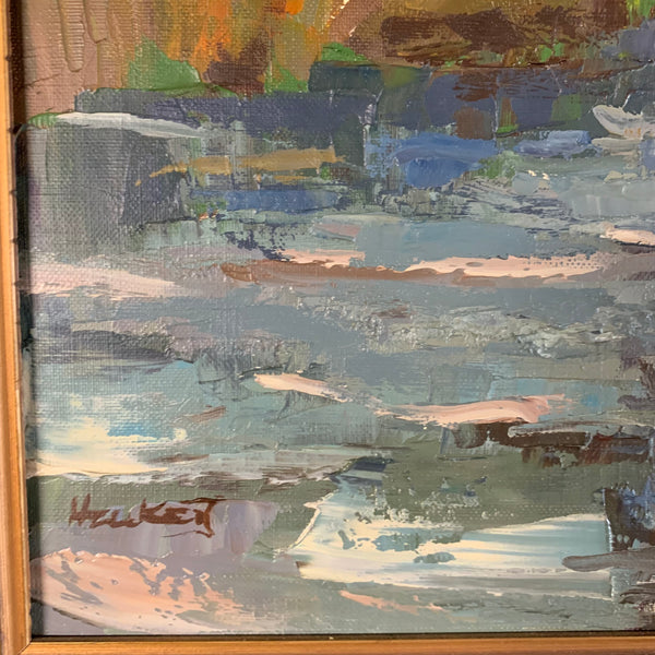 Ölgemälde Flusslandschaft mit Boot von Klaus Heckert