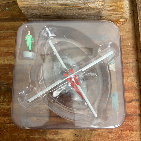Modell Figur und Buch Tim und Struppi Der roten Zweirotor-Hubschrauber Hiller UH-4 Commuter mit Professor Wolff aus Ziel Mond