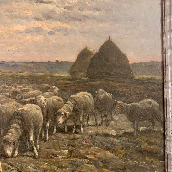 Ölgemälde Schafweide und Hirte in weiter Wiesenlandschaft von Felix Brissot de Warwille