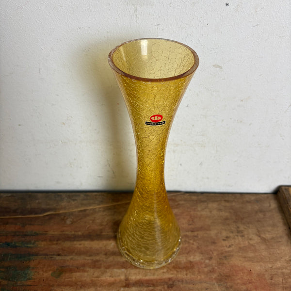 Vintage bernsteinfarbende Craquele Glas Vase von Ingrid Glas